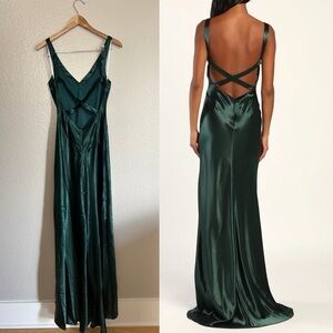 Lulu's Emerald Green Satin Backless Prom Dress